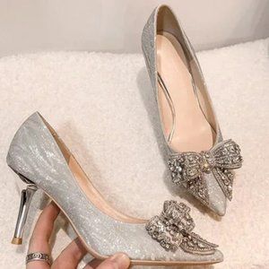 Stiletto rhinestone bow bridesmaid crystal slippers bridal shoes wedding French
